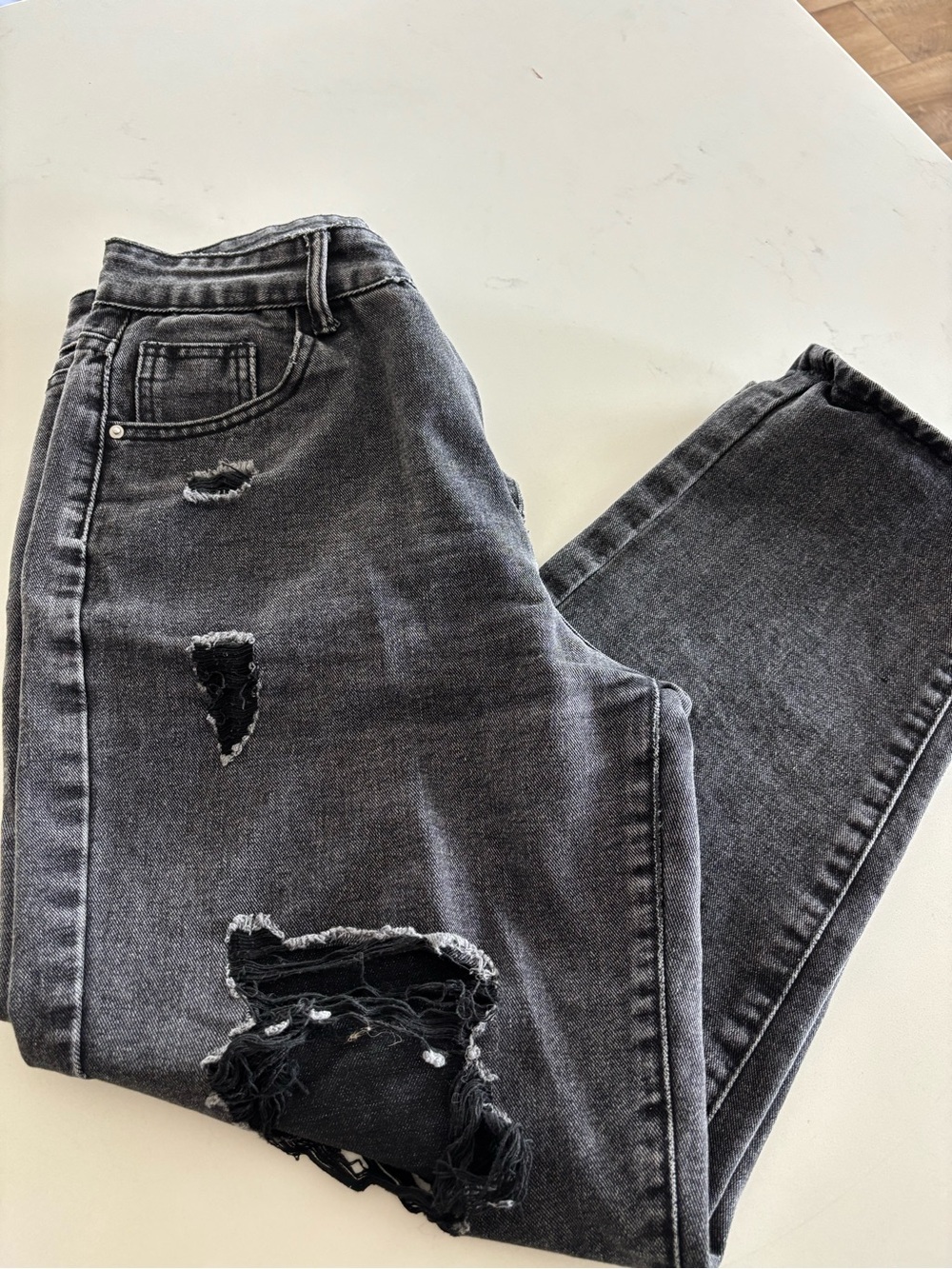 Black Distressed Slim Straight Jeans